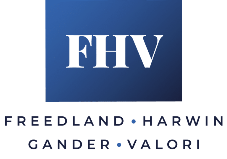 FHVG logo - Blue square with white FHV text. Freedland - Harwin - Gander - Valori is positioned underneath