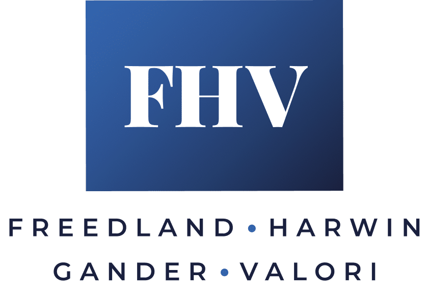 FHVG logo - Blue square with white FHV text. Freedland - Harwin - Gander - Valori is positioned underneath