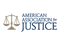 dark blue American Association for Justice logo with scales of justice in tan, off to the left