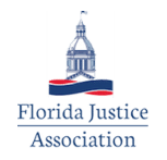 Florida justice association logo - dark blue text with Florida capital building and banner above