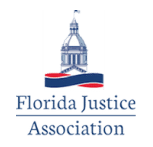 Florida justice association logo - dark blue text with Florida capital building and banner above