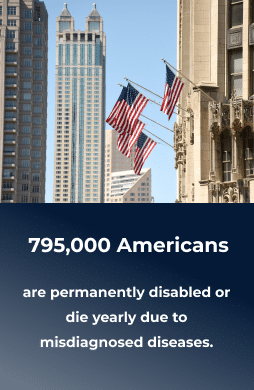 An image showing statistical data about misdiagnosed diseases: 795,000 Americans affected annually, leading to deaths or disabilities.
