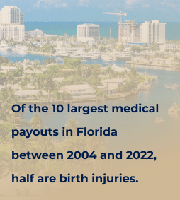 An image displaying statistics: Half of Florida's top 10 medical payouts (2004-2022) are related to birth injuries.