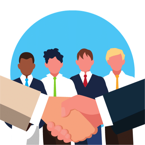 Graphic of two professionals shaking hands while four others stand in the background