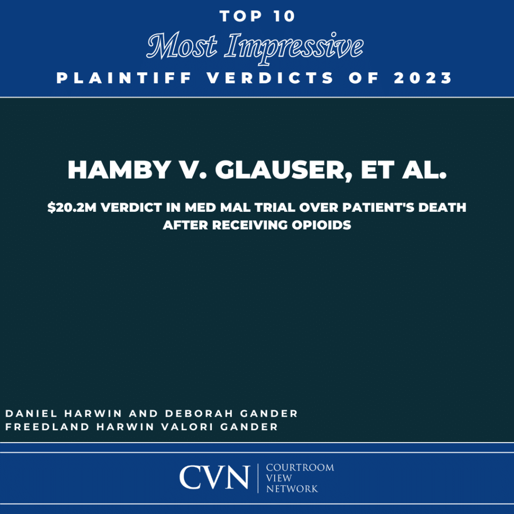 Courtroom View Network (CVN) Top 10 Most Impressive Plaintiff Verdicts of 2023 award for Freedland Harwin Valori Gander