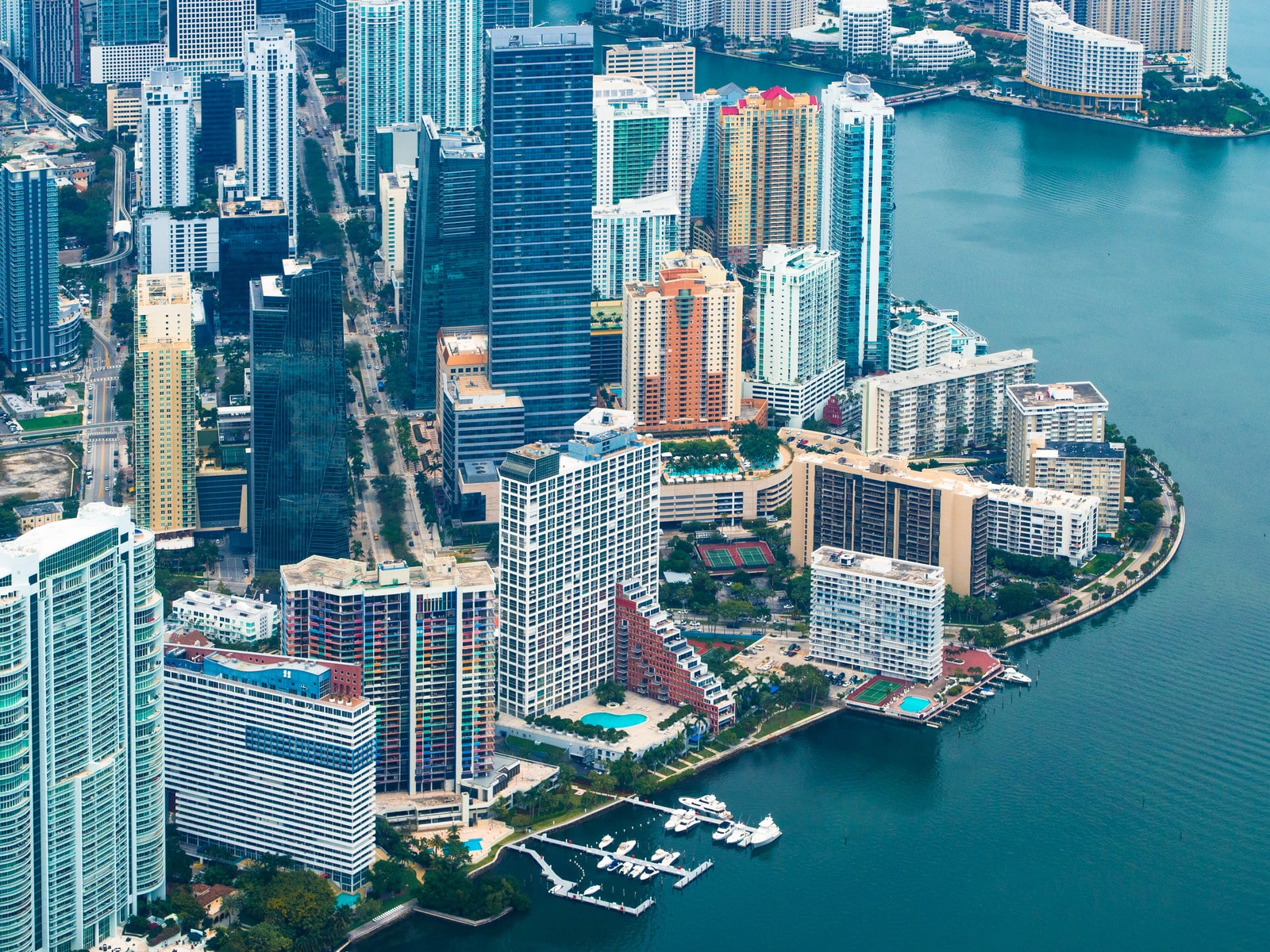 This image shows aerial view of Miami, Brickell buildings from a plane