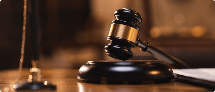 The image features a gavel, a wooden ceremonial mallet used by judges.